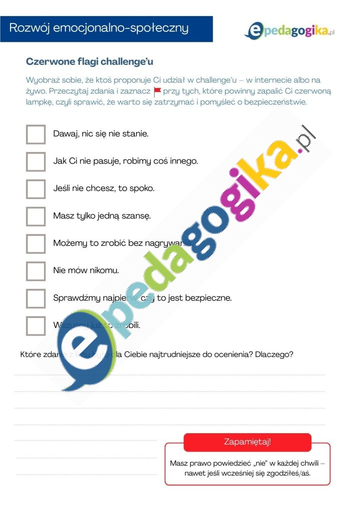 Czerwone flagi challenge’u   Ferie na pokaz? Challenge, presja i bezpieczeństwo – karty pracy z nagraniem audio