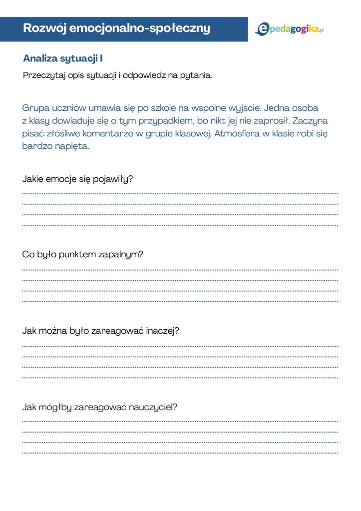 Rozumiem emocje – moje reakcje w trudnych sytuacjach. Karty pracy dla uczniów