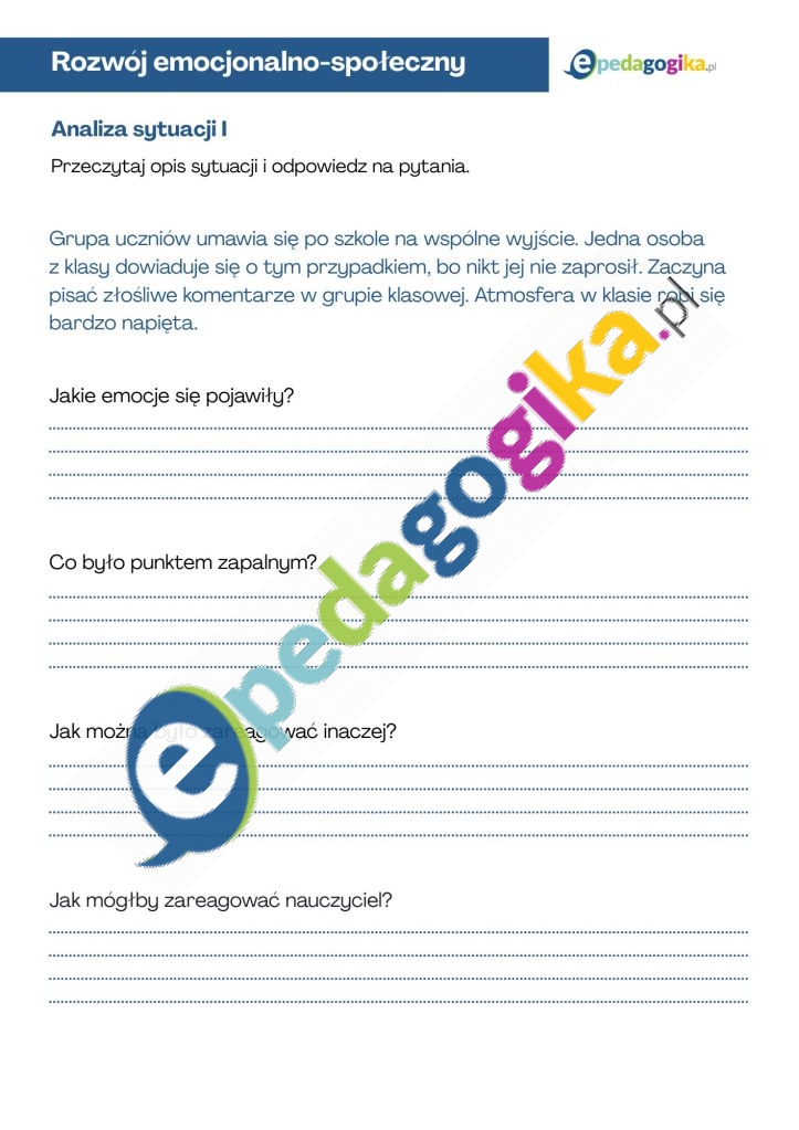 Analiza sytuacji Rozumiem emocje – moje reakcje w trudnych sytuacjach. Karty pracy dla uczniów