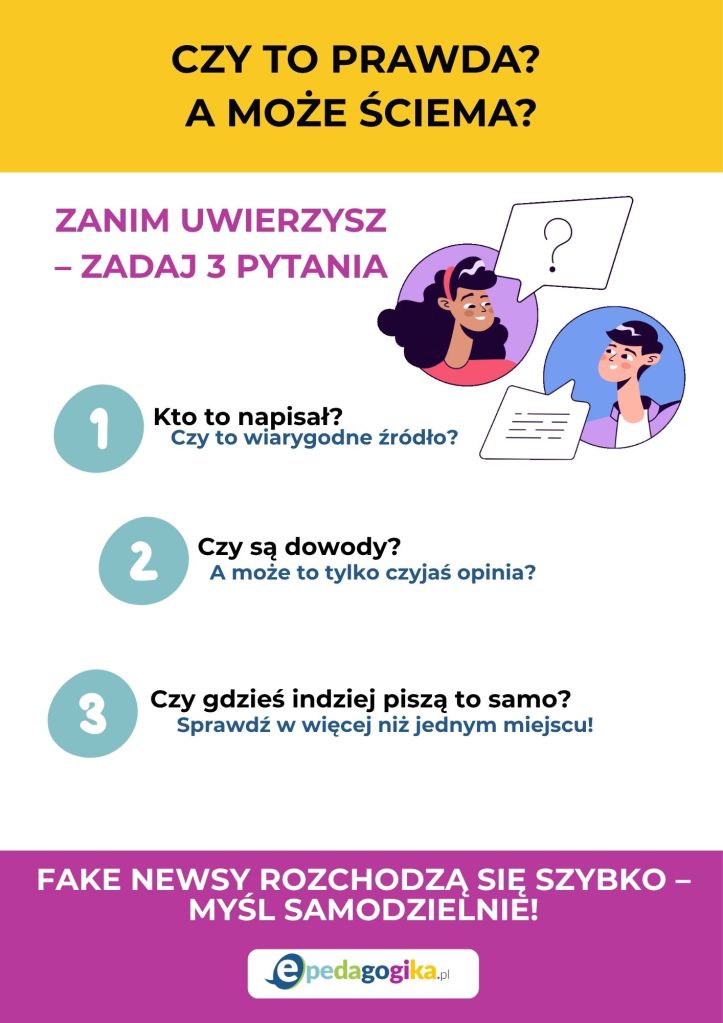 Plakat: Jak nie dać się oszukać w internecie – myśl krytycznie i sprawdzaj informacje!
