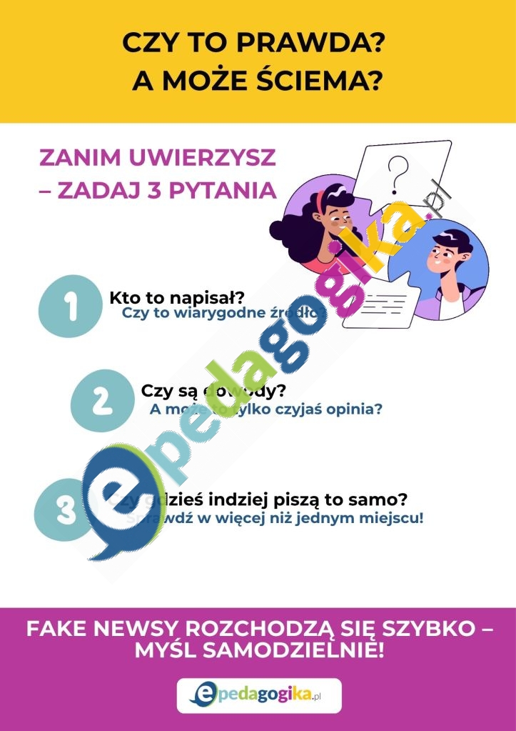   Plakat: Jak nie dać się oszukać w internecie – myśl krytycznie i sprawdzaj informacje!