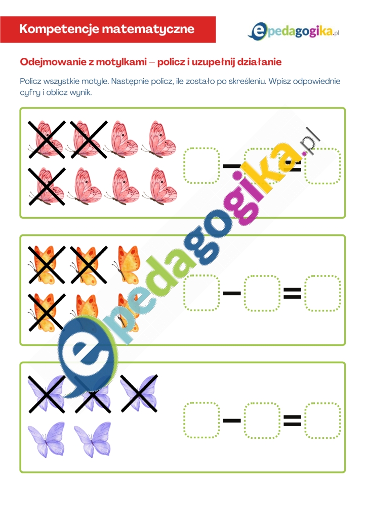 Odejmowanie z motylkami. Karty pracy na Dzień Motyla