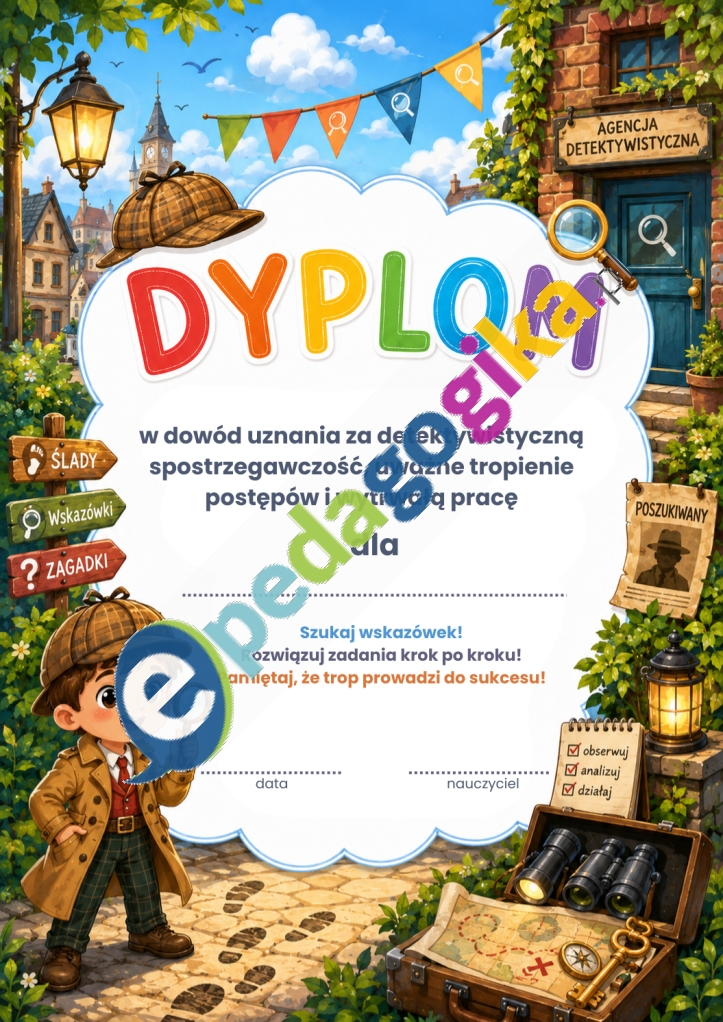 Detektywistyczny Dyplom Uważnego Tropiciela Dyplomy wzmacniające dla uczniów – motywacyjne dyplomy za postępy, wytrwałość i zaangażowanie
