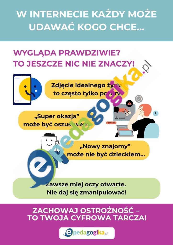   Plakat: Jak nie dać się oszukać w internecie – myśl krytycznie i sprawdzaj informacje!