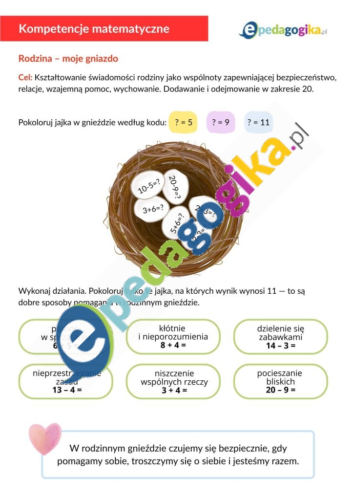 Rodzina – moje gniazdo Rodzinne rachunki – karty pracy do dodawania i odejmowania w zakresie 20