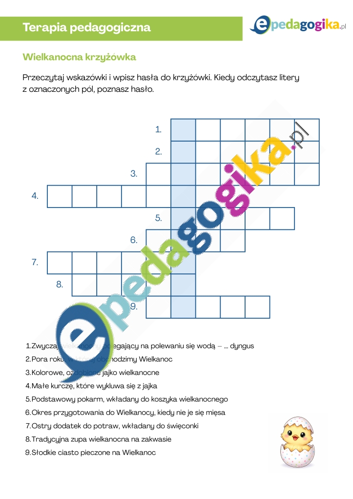 Wielkanocna krzyżówka. Wielkanocne łamigłówki. Karty pracy na Święta Wielkanocne
