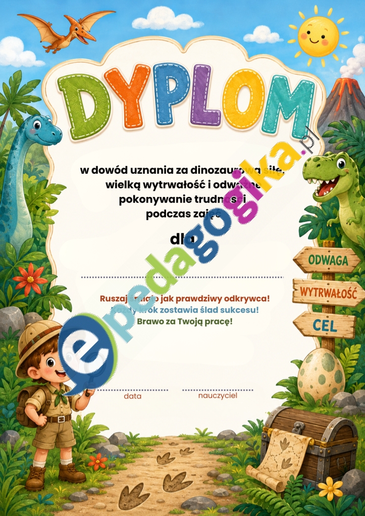 Dinozaurowy Dyplom Pogromcy Zadań Dyplomy wzmacniające dla uczniów – motywacyjne dyplomy za postępy, wytrwałość i zaangażowanie