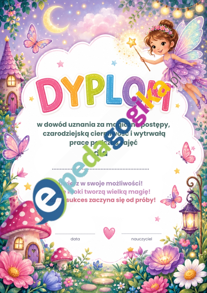 Wróżkowy Dyplom Mistrzyni Małych Kroków Dyplomy wzmacniające dla uczniów – motywacyjne dyplomy za postępy, wytrwałość i zaangażowanie