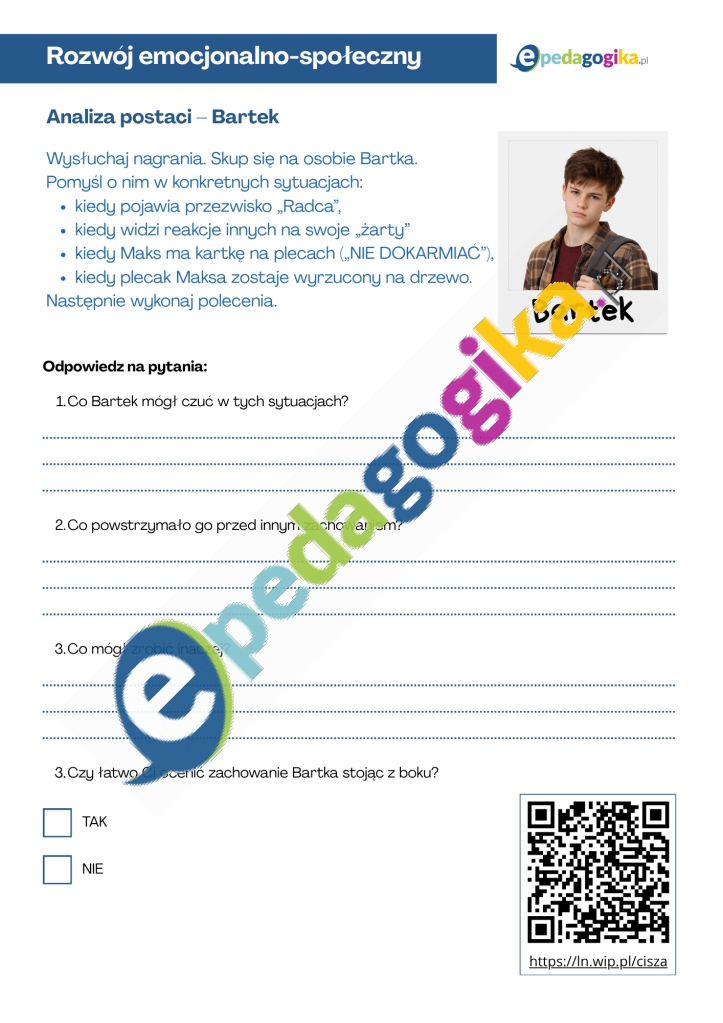 Analiza postaci – Bartek. Cisza między ławkami – świadkowie przemocy i ich wybory. Karty pracy z nagraniem audio