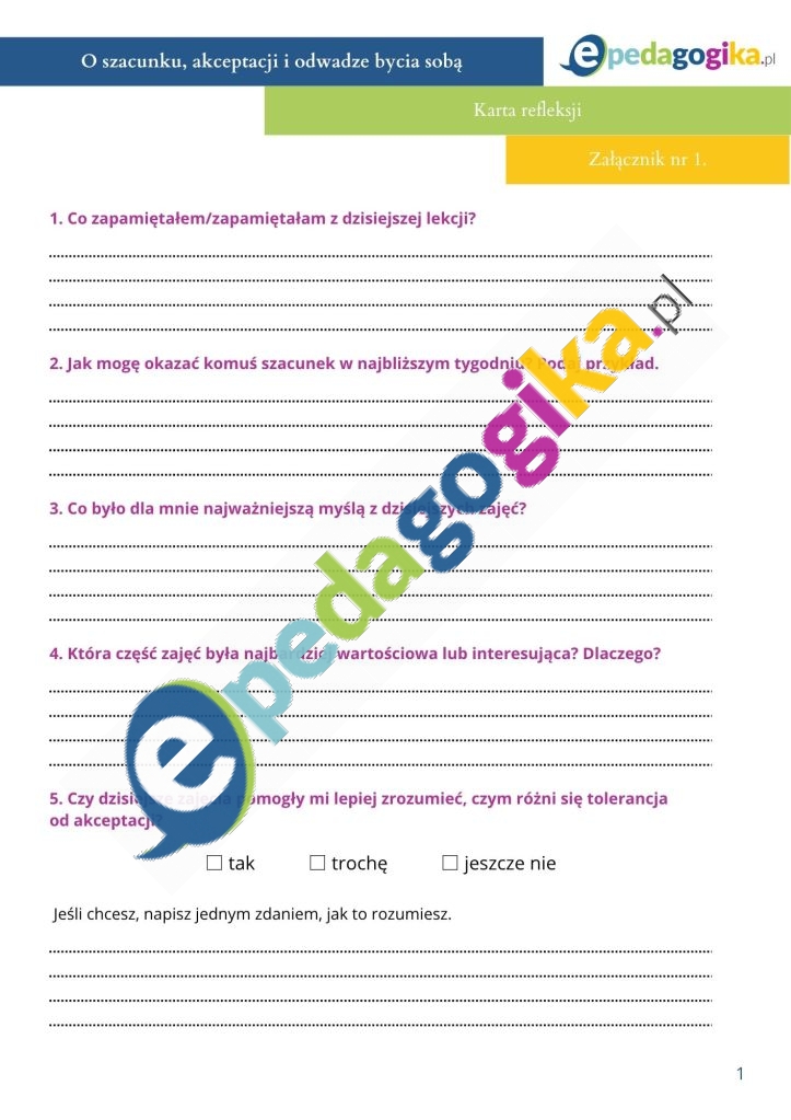 Zalacznik nr 2. Karta refleksji.   Scenariusz zajęć: Inny nie znaczy gorszy – o szacunku, akceptacji i odwadze bycia sobą
