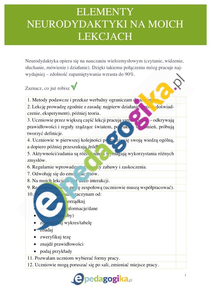 Material pomocniczy Elementy neurodydaktyki na moich lekcjach