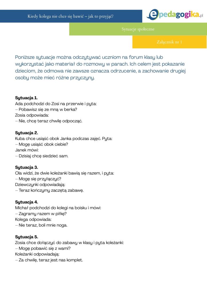 Kiedy kolega nie chce się bawić – jak to przyjąć? Scenariusz zajęć dla uczniów klas I–III