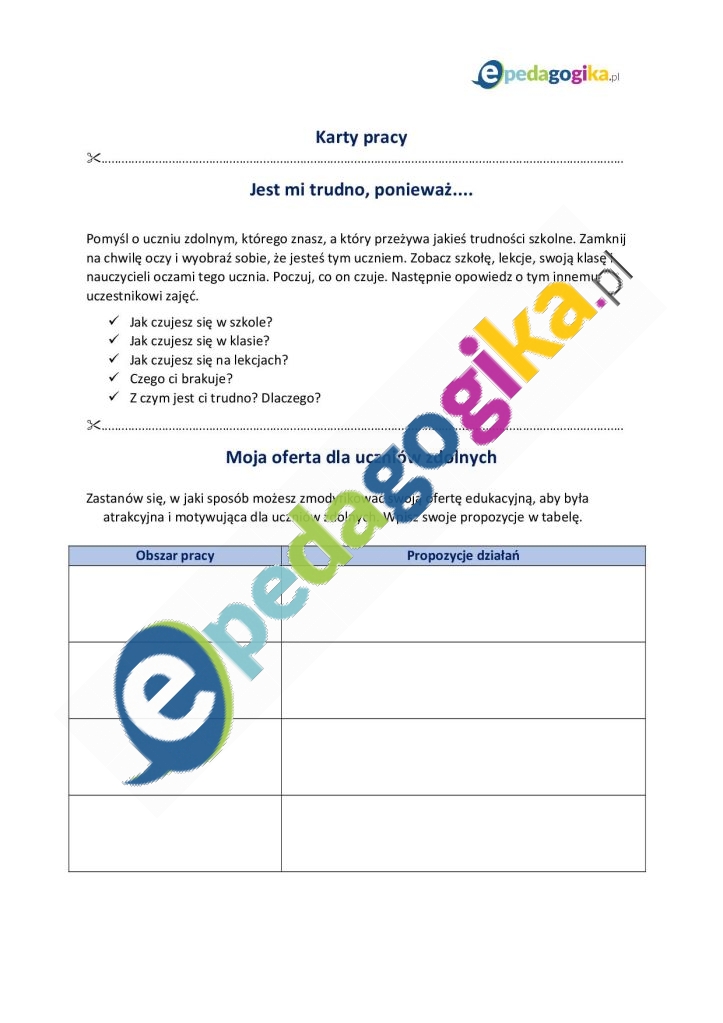 Karty pracy Jest mi trudno ponieważ i Moja oferta dla uczniów zdolnych