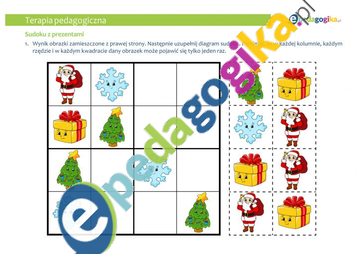 Obrazkowe sudoku. Zestaw trzech kart pracy na Boże Narodzenie. Sudoku z prezentami