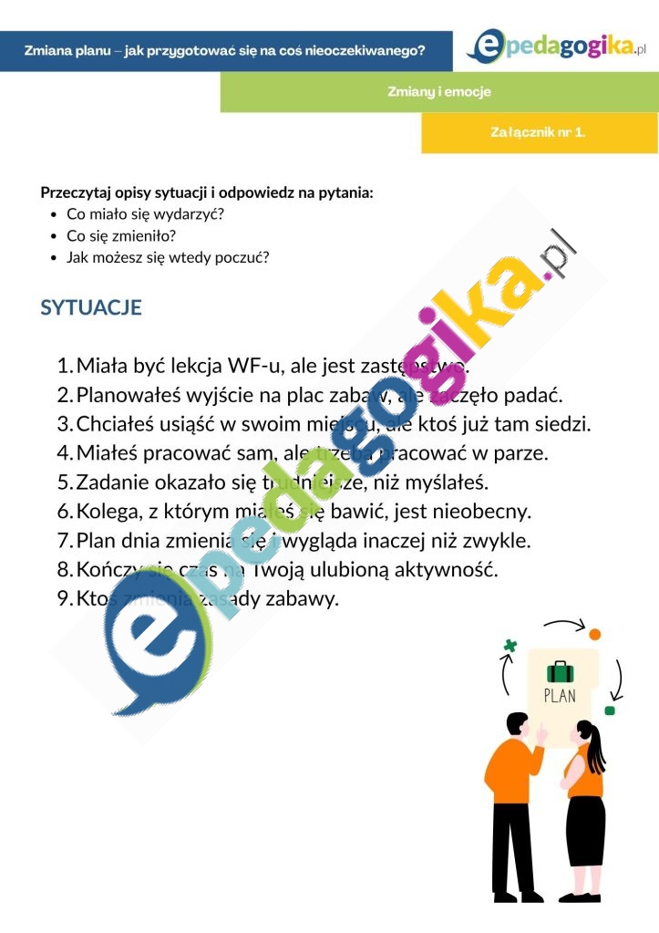Zalacznik nr 1. Zmiany i emocje Zmiana planu – jak przygotować się na coś nieoczekiwanego? Scenariusz zajęć rewalidacyjnych