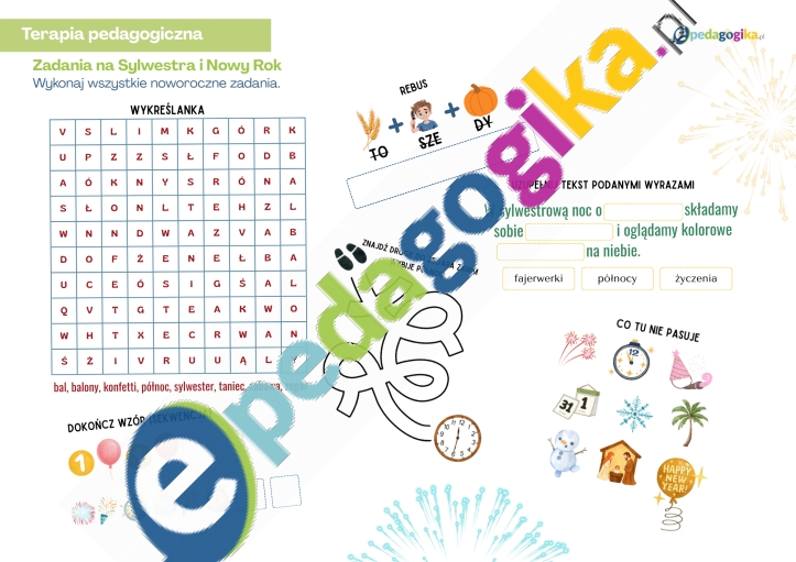 Zadania na Sylwestra i Nowy Rok. Świąteczno-noworoczne łamigłówki terapeutyczne dla dzieci