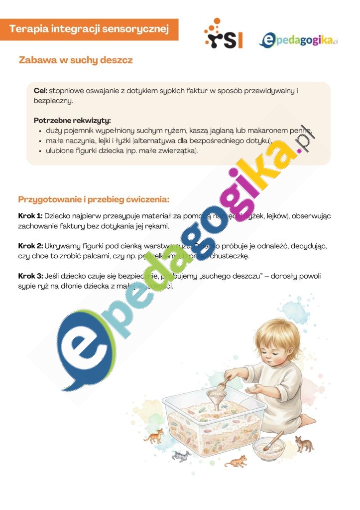 Zabawa w suchy deszcz.   Dotyk pod kontrolą. Bezpieczne oswajanie bodźców dotykowych – karty pracy do terapii integracji sensorycznej