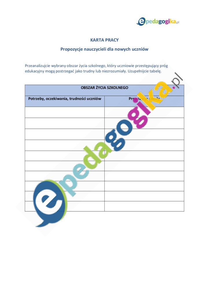 Karta pracy Propozycje nauczycieli dla nowych uczniów 