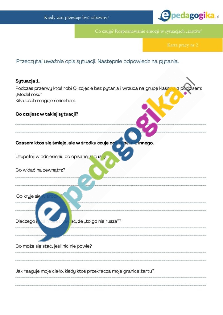 Co czuję_ Rozpoznawanie emocji w sytuacjach „żartów”. Kiedy żart przestaje być zabawny? Scenariusz zajęć dla uczniów