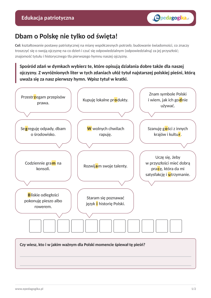Symbole Polski i codzienny patriotyzm – karty pracy o fladze, hymnie i „Bogurodzicy” dla klas I–III