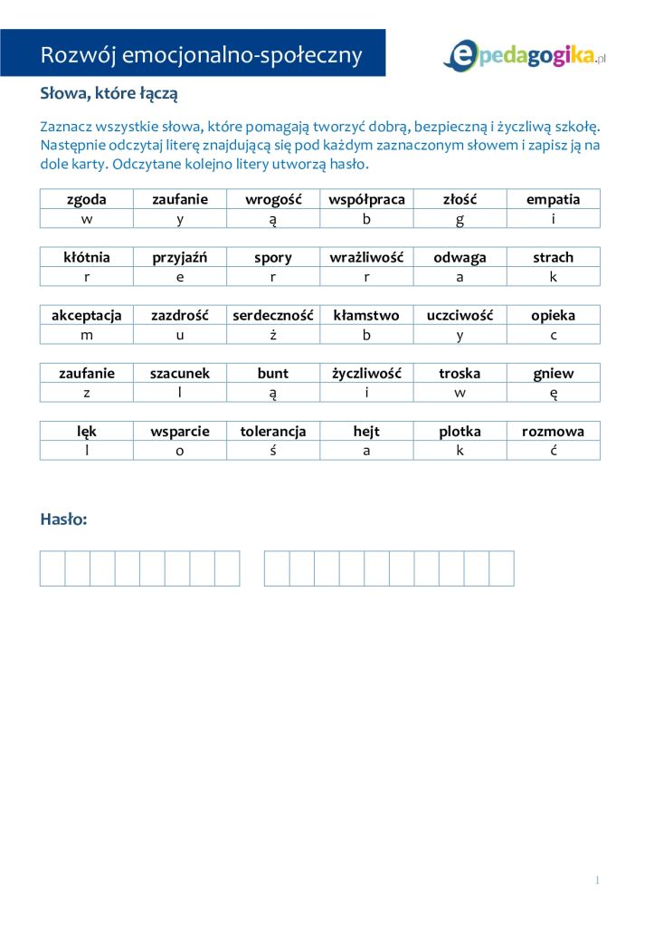 Słowa, które łączą – pakiet 3 kart pracy o szacunku, życzliwości i reagowaniu na przemoc