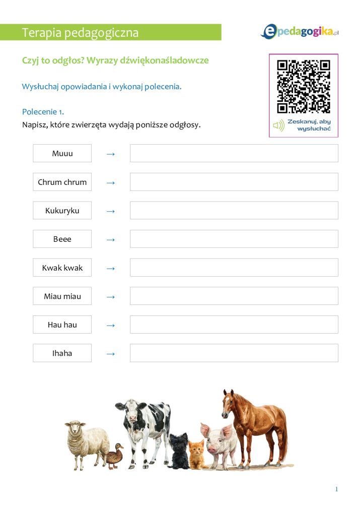 Zwierzęta na wsi – odkrywanie świata dźwięków. Karty pracy z nagraniem audio