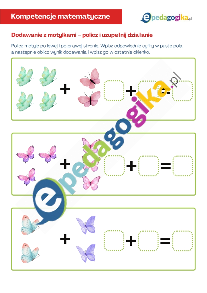 Dodawanie z motylkami. Karty pracy na Dzień Motyla