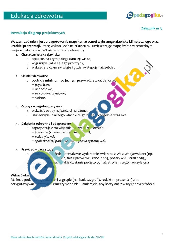   Mapa zdrowotnych skutków zmian klimatu. Projekt edukacyjny dla klas VII-VIII