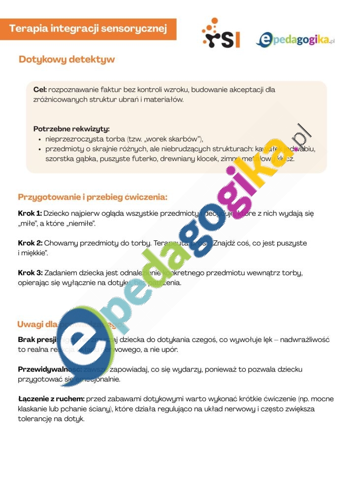 Dotykowy detektyw.   Dotyk pod kontrolą. Bezpieczne oswajanie bodźców dotykowych – karty pracy do terapii integracji sensorycznej