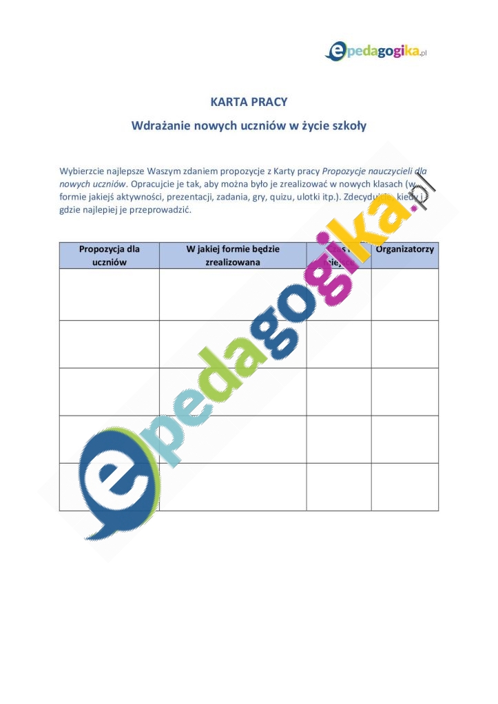 Karta pracy Wdrażanie nowych uczniów w życie szkoły