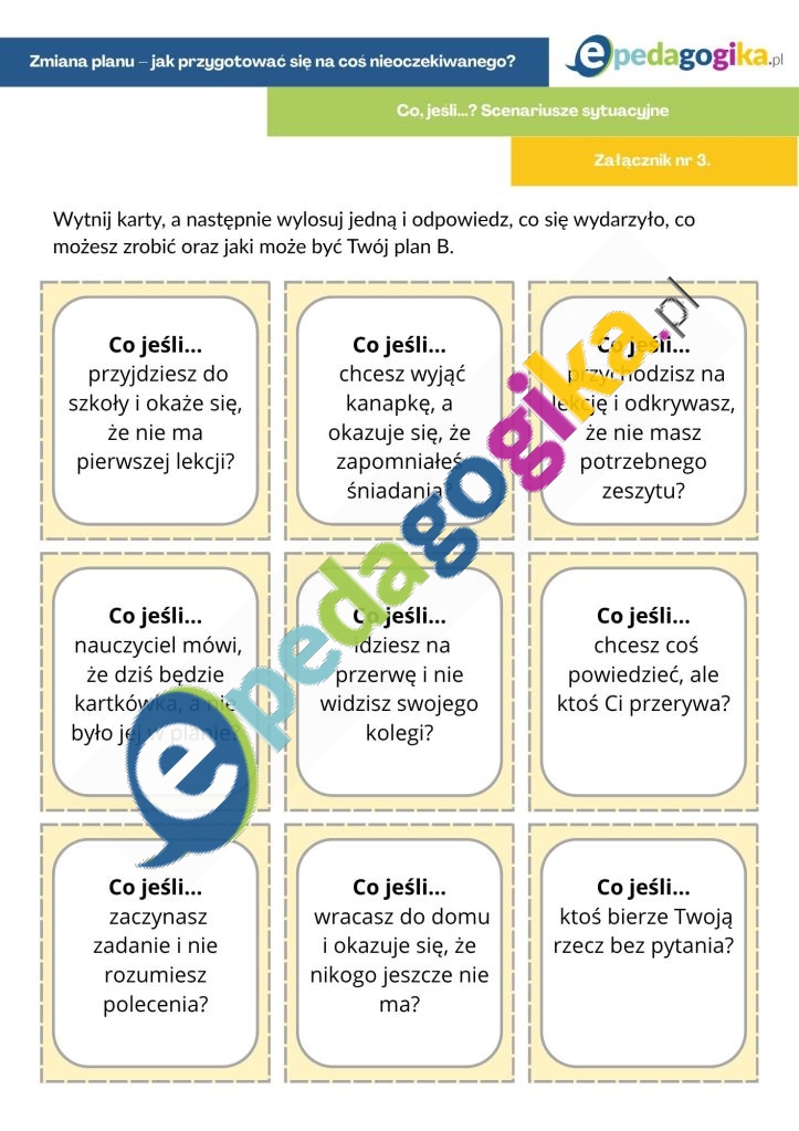 Załącznik nr 3. Karty „Co, jeśli…?” Zmiana planu – jak przygotować się na coś nieoczekiwanego? Scenariusz zajęć rewalidacyjnych