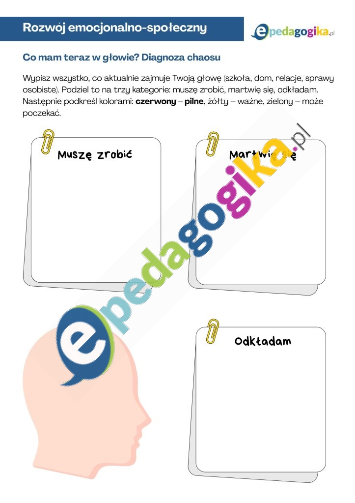 Co mam teraz w głowie_ Diagnoza chaosu. Wiosenne porządki w głowie. Karty pracy dla uczniów 