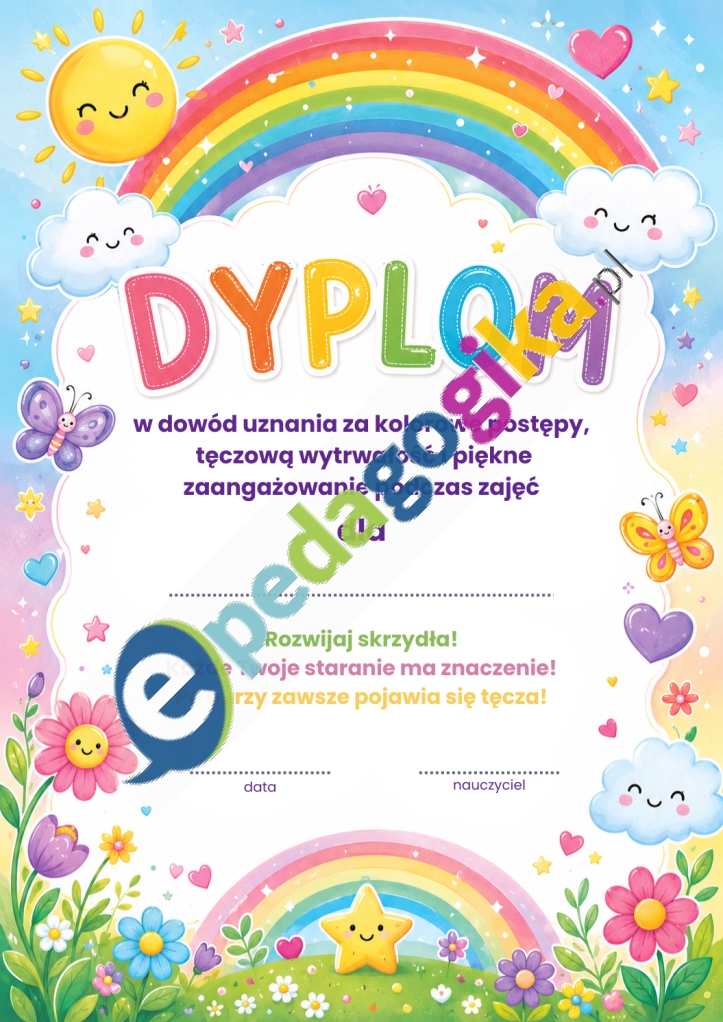 Tęczowy Dyplom Pięknych Postępów Dyplomy wzmacniające dla uczniów – motywacyjne dyplomy za postępy, wytrwałość i zaangażowanie