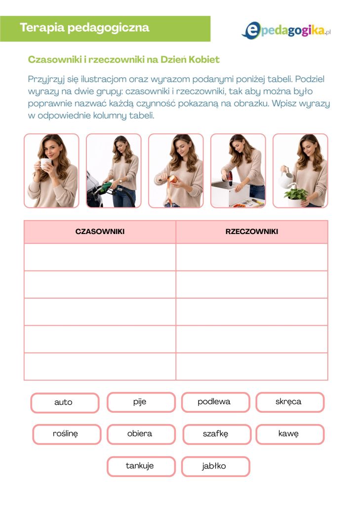 Części mowy na Dzień Kobiet i Dzień Mężczyzn. Karty pracy