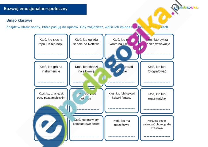   Bingo klasowe – karty integracyjne dla szkoły podstawowej i ponadpodstawowej