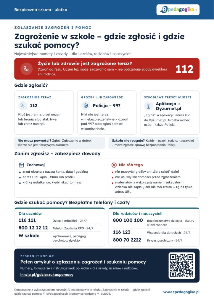 Ulotka: Zagrożenie w szkole – gdzie zgłosić i gdzie szukać pomocy? Ulotka do pobrania