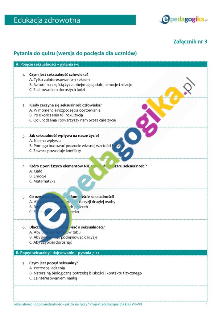   Seksualność i odpowiedzialność – jak to się łączy? Projekt edukacyjny dla klas VII-VIII