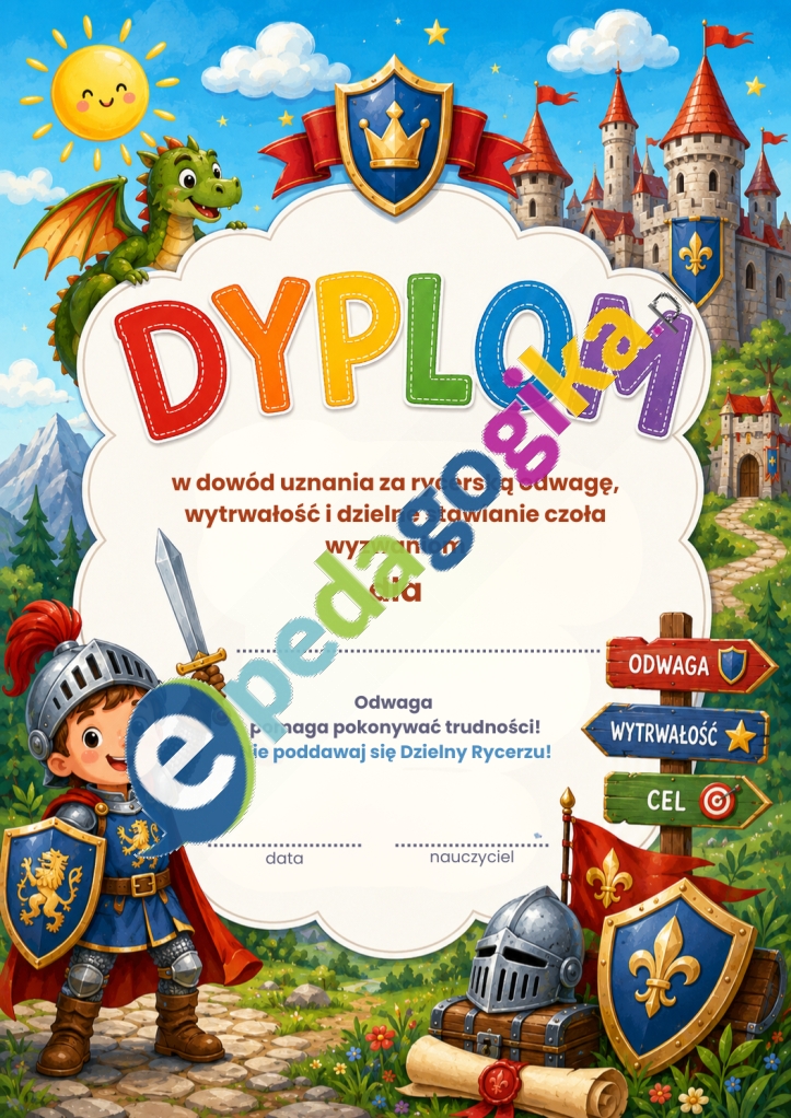 Rycerski Dyplom Dyplomy wzmacniające dla uczniów – motywacyjne dyplomy za postępy, wytrwałość i zaangażowanie