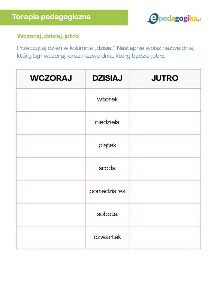 Dni tygodnia. Karty pracy do nauki orientacji w czasie