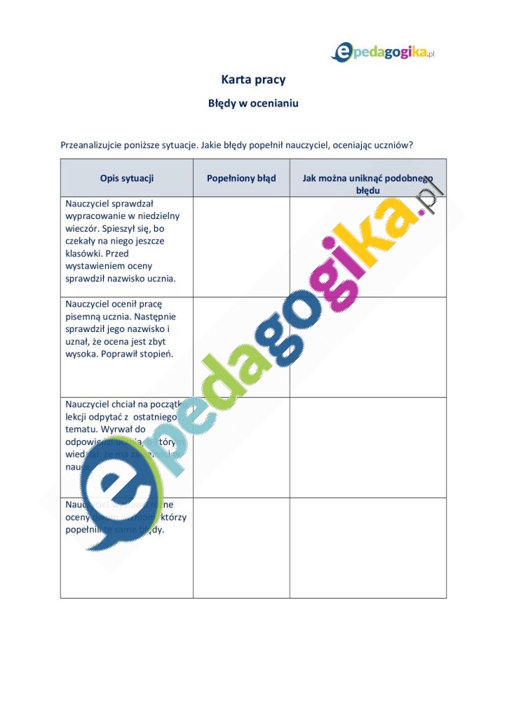 Karta pracy Błędy w ocenianiu