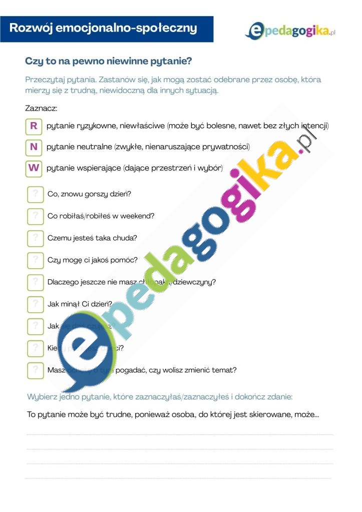 Czy to na pewno niewinne pytanie?   Twarze depresji. Czego nie widać na pierwszy rzut oka? Karty pracy