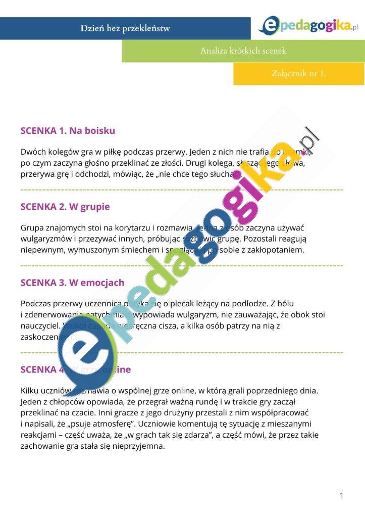 Analiza krótkich scenek.   Dzień bez przekleństw. Interwencja wychowawcza w klasach IV–VI szkoły podstawowej
