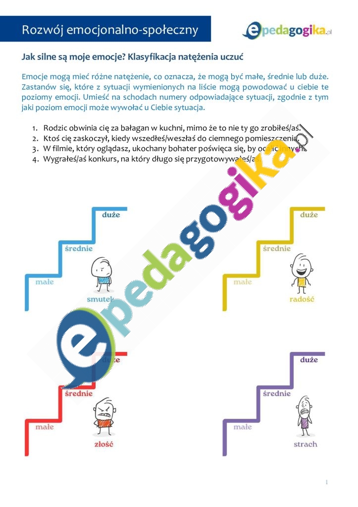   Emocje małe, średnie i duże – zestaw kart pracy dotyczących natężenia emocjonalnego
