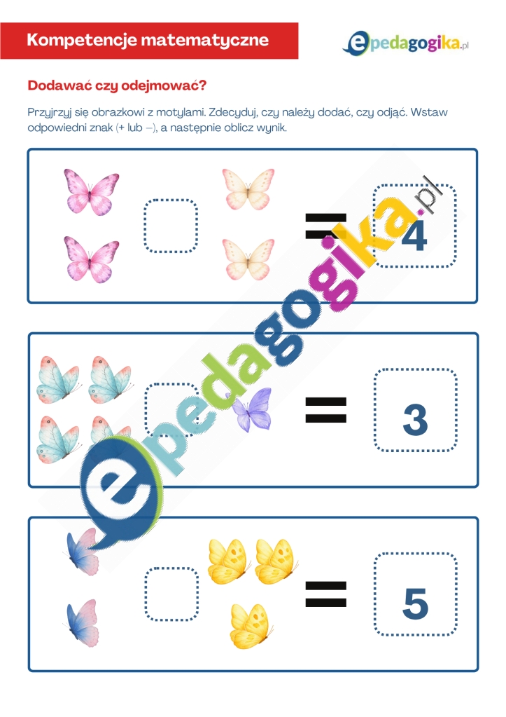 Dodawać czy odejmować. Karty pracy na Dzień Motyla