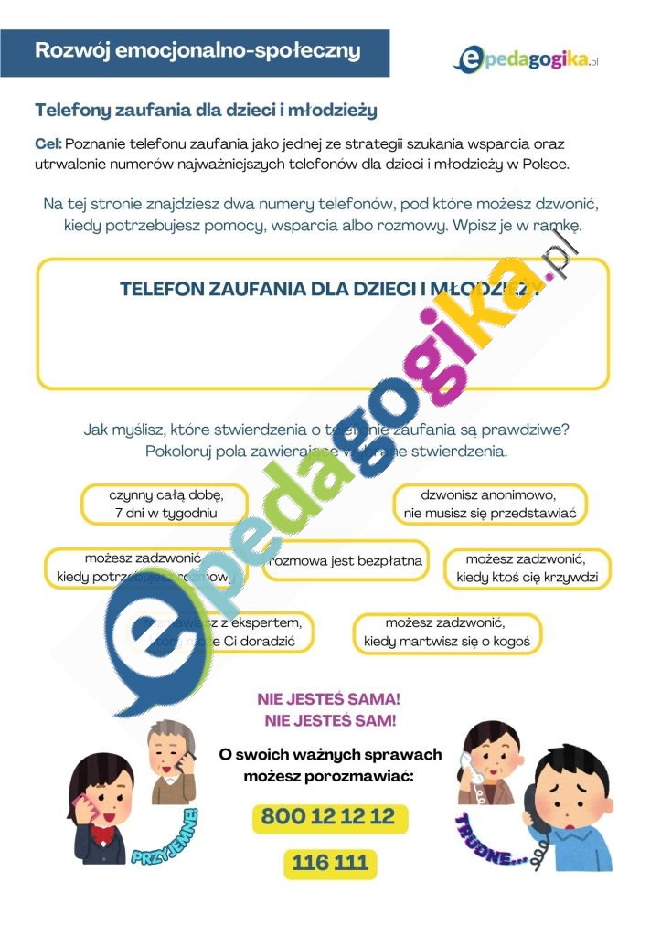 Telefony zaufania dla dzieci i młodzieży. Kiedy warto zadzwonić po pomoc? Karty pracy na zajęcia dotyczące telefonu zaufania dla dzieci i młodzieży