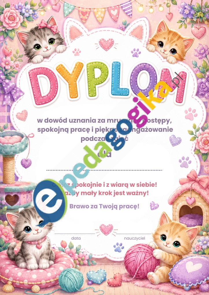 Koci Dyplom Mistrzyni Dyplomy wzmacniające dla uczniów – motywacyjne dyplomy za postępy, wytrwałość i zaangażowanie