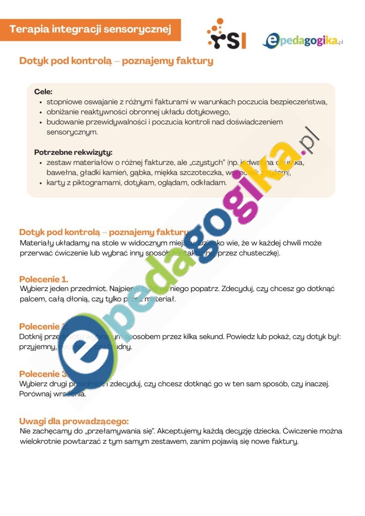 Dotyk pod kontrolą – poznajemy faktury.   Dotyk pod kontrolą. Bezpieczne oswajanie bodźców dotykowych – karty pracy do terapii integracji sensorycznej