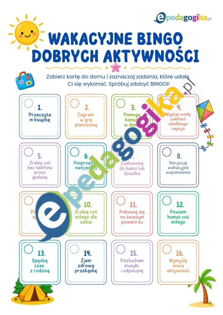 Wakacyjne bingo dobrych aktywności