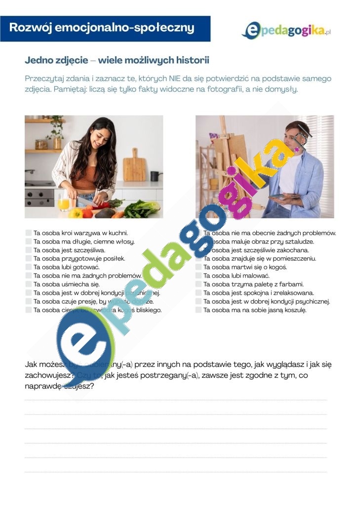 Jedno zdjęcie – wiele możliwych historii.   Twarze depresji. Czego nie widać na pierwszy rzut oka? Karty pracy