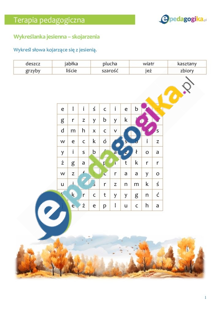 Wykreślanka jesienna – skojarzenia   Wykreślanki na każdą porę roku. Zestaw kart pracy dla uczniów